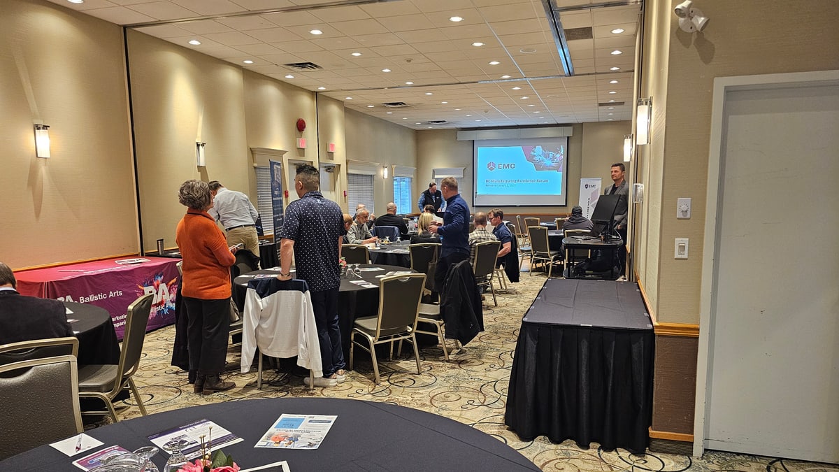 Attendees talking before the first session of EMC's Manufacturing Excellence Forum in Kelowna
