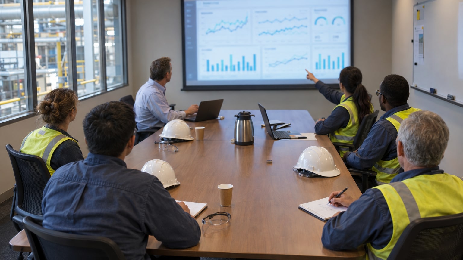 A plant team around a boardroom table watching an energy dashboard on the wall screen, the works beyond the glazing