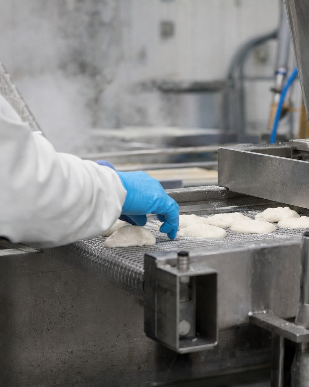 A gloved hand placing portions on a stainless mesh conveyor