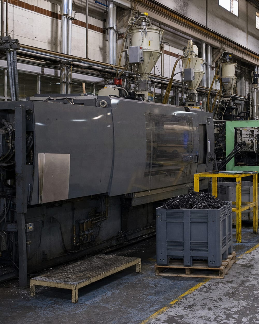 An injection moulding hall: a row of presses with drying hoppers above them