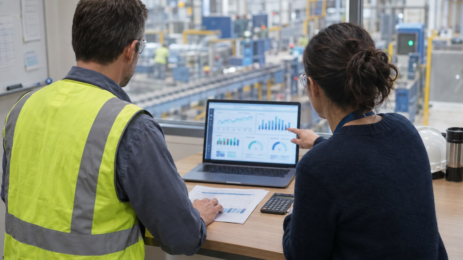 Two people at a laptop above a production line, reading an energy dashboard together