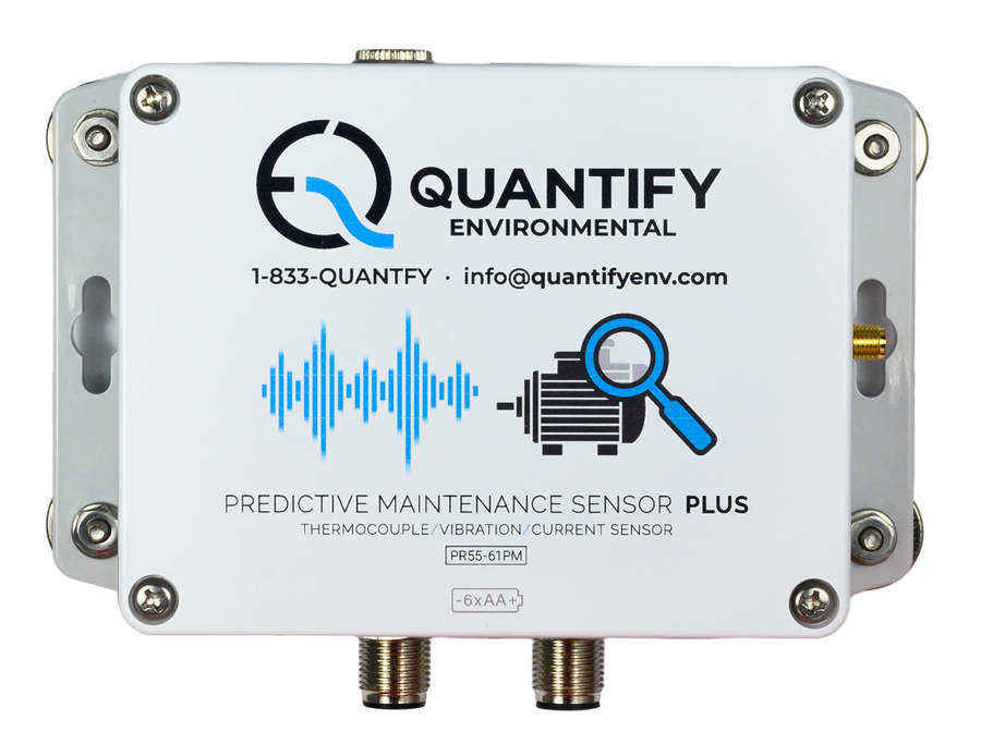The Quantify Predictive Maintenance Sensor Plus: a white enclosure with thermocouple, vibration and current inputs