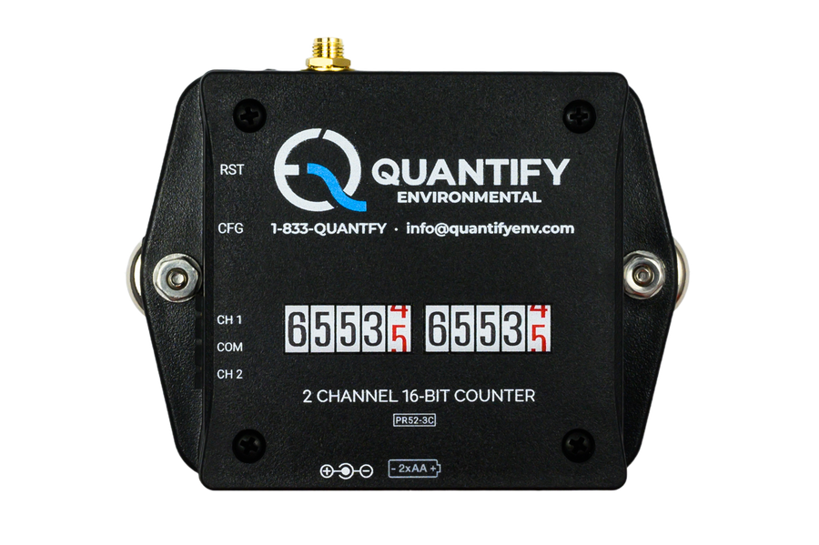 The Quantify two-channel 16-bit pulse counter: a black enclosure with two mechanical registers and an antenna